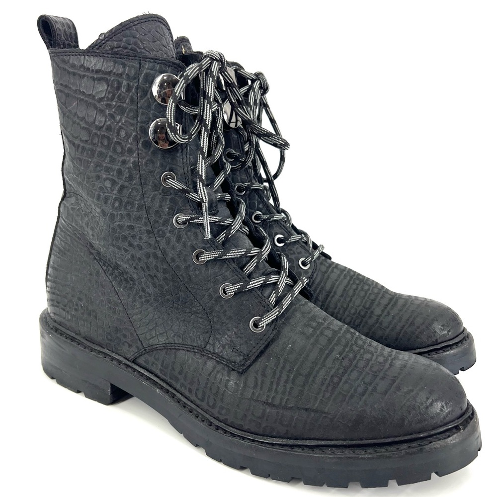 Frye Women Julie Hook Textured Croc Embossed Combat Boots Size 9.5 Black